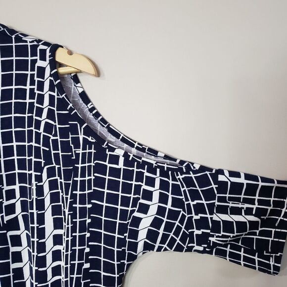 Marble 3/4 Sleeve NWOT Oversized Blue White Print Cold Shoulder Tunic Top - Picture 5 of 12